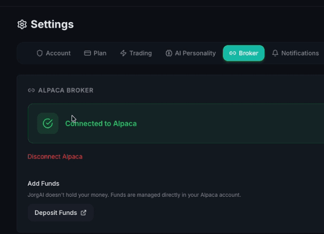 Alpaca broker connected in Jorg AI settings