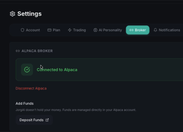 Brokerage account connected to JorgAI