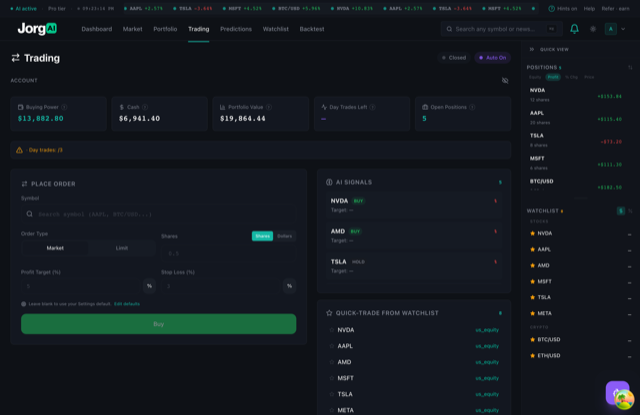 JorgAI trading page with order form